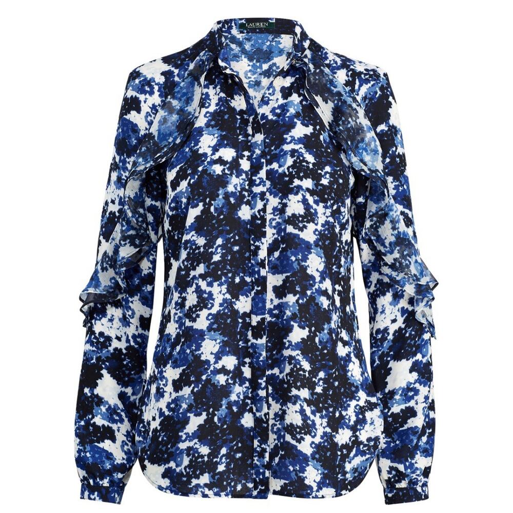 LAUREN RALPH LAUREN Size Large Blouse Floral Print Georgette Blue $89 MSRP